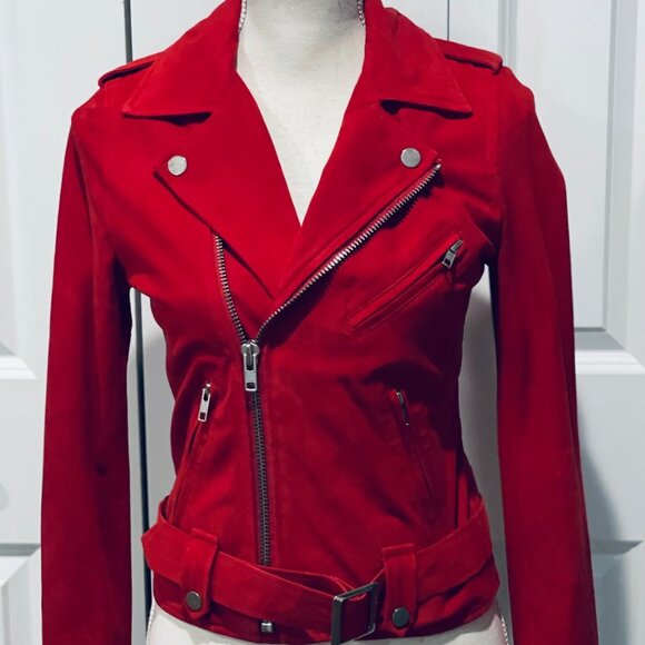 EACHOTHER CHERRY RED SUEDE MOTO JACKET - SIZE 38 - Picture 5 of 9